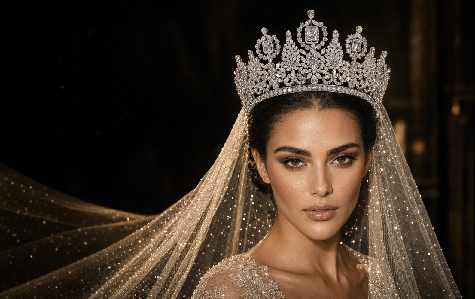 Bride wearing a ROYAUTÉ crystal crown with a shimmering cathedral veil